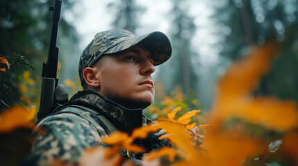Person in Camouflage Jacket Surrounded by Autumn Leaves in a Forest Setting