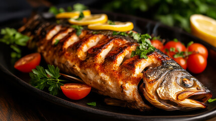 Grilled Fish with Fresh Herbs and Lemon Slices on Black Plate Surrounded by Cherry Tomatoes