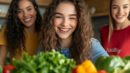 Happy Friends Cooking Together with Fresh Vegetables in Modern Kitchen Setting