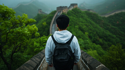 Person Standing on Great Wall of China Surrounded by Lush Green Mountains and Misty Landscape