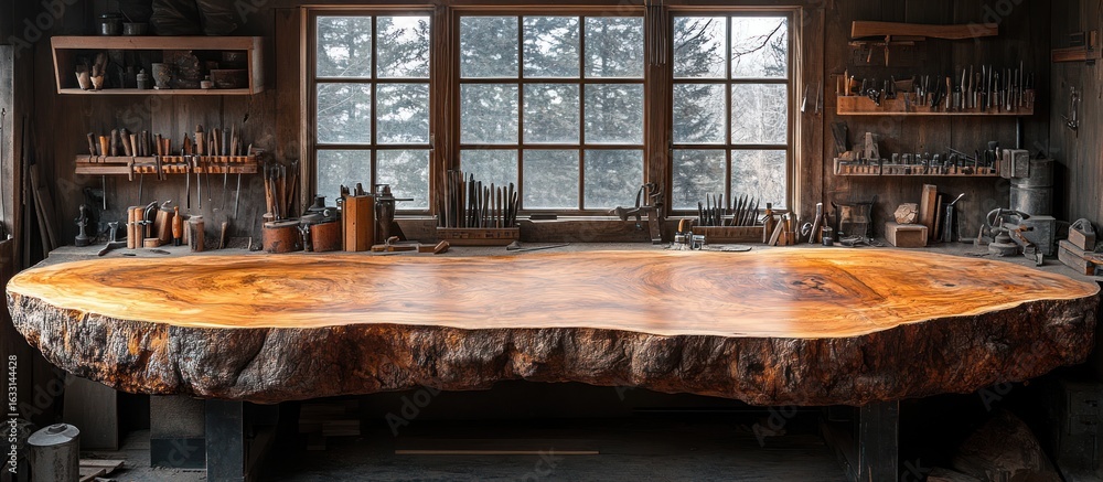 Poster large live-edge wood slab table in a rustic workshop.