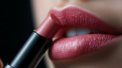 Close-up of Woman Applying Lipstick with Glossy Finish on Beautiful Lips in Beauty Studio