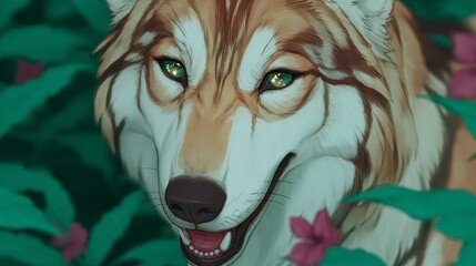 Close up of a stylized wolf's face with bright green eyes surrounded by lush green foliage and pink flowers