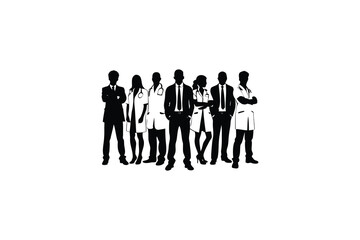 A diverse group of professionals including doctors and business people stand together in a powerful and unified silhouette representing teamwork and collaboration in the workplace silhouette