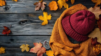 A cozy autumnal scene with a red knitted hat and scarf on a wooden table, surrounded by autumn leaves.