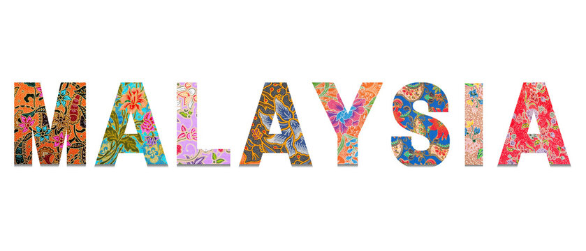 The word "MALAYSIA" in bold capital letters on a clean white background, filled with vibrant and colorful traditional batik patterns which represent the country's rich cultural heritage.