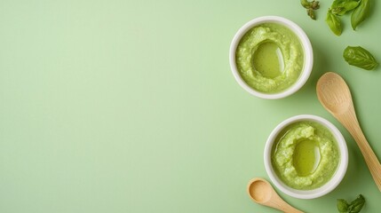 Two bowls of green gazpacho soup with basil leaves on a green background.