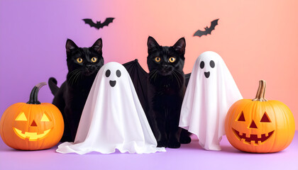 ハロウィンパーティーに向かう猫とおばけ © tkc