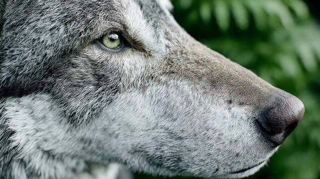 Close up side profile of a grey wolf's face with green eyes and a textured nose