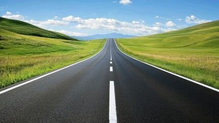 Fototapeta premium A straight, empty road stretching into the distance with green fields on either side and a clear blue sky above.