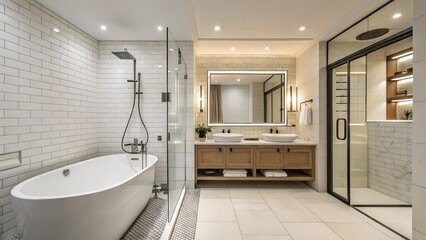 Luxury modern bathroom interior design with a new clean shower, sink, mirror, and white tiles