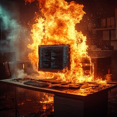 Inferno engulfs a computer-filled office, with flames rising high. Show the aftermath of cyber attack or data loss disaster scenario.  high resolution   for isolate image