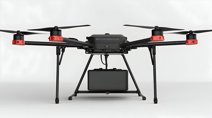 A black drone with four rotors and a suspended box against a white background.