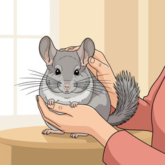 Holding Cute Gray Chinchilla Pet in Hands Indoors Lovingly