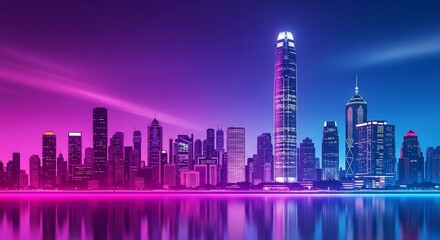 Fototapeta premium A vibrant neon-lit cityscape at night, with towering skyscrapers reflecting in the calm water below, bathed in a gradient of pink and blue light.