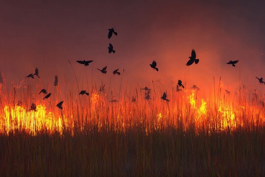 Birds flee a burning field at dusk