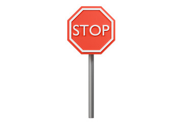 3d stop sign on metal pole. red octagonal road sign with white border and stop text for traffic, safety, and street warning. minimal 3d render.