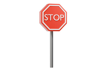 3d stop sign on metal pole. red octagonal road sign with white border and stop text for traffic, safety, and street warning. minimal 3d render.