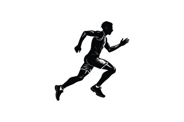 Fototapeta premium Dynamic athletic runner in mid stride captured in a bold black silhouette against a clean white background showcasing powerful movement and determination silhouette