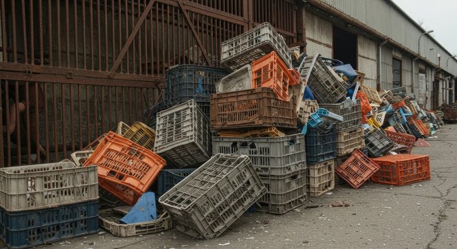 Discarded Plastic Crates Pile Against Industrial Building