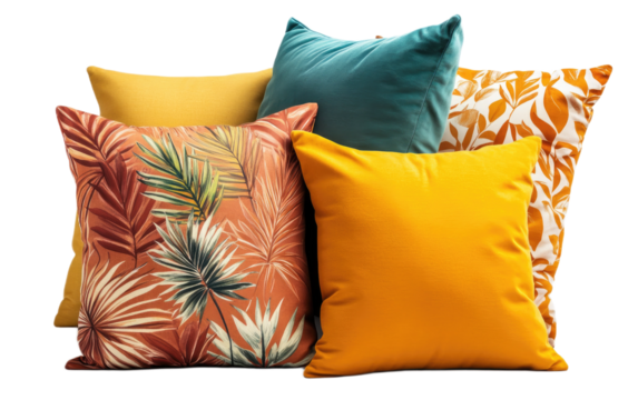 Group of decorative throw pillows with tropical patterns isolated on white background