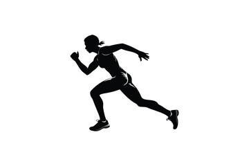 Fototapeta premium Dynamic silhouette of a female sprinter in full stride showcasing athletic power and speed against a clean white background captured in a striking silhouette style