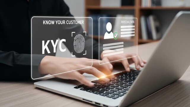 Know your customer concept. Person holding KYC card on virtual screen. Business verifying the identity of clients for KYC financial client authentication. Personal information for identification
