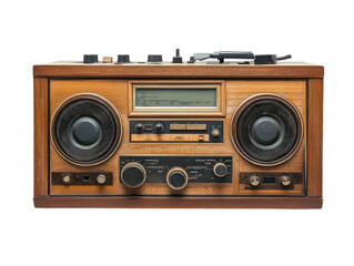 Fototapeta premium Vintage wooden boombox with cassette player isolated on white background