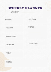 Simple black and white weekly planner template with days of the week and space for notes and tasks