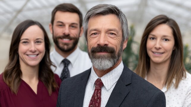 Four smiling diverse professionals in business attire two men and two women pose together