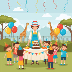 Celebrating Birthday Party with Children Cake and Giraffes at the Zoo