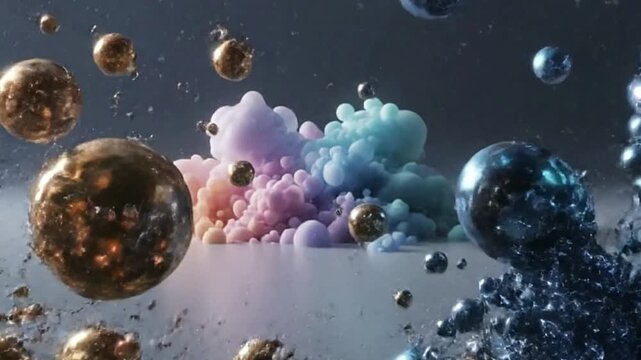 Colorful orbs of varying sizes clustered together create a chaotic abstract multidimensional effect