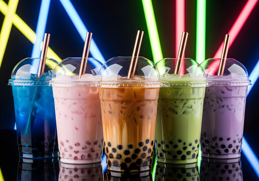 Indulge in a vibrant array of delicious bubble tea flavors, from refreshing blue cura&ccedil;ao to creamy taro, perfect for a trendy cafe menu or social media campaign, quench your thirst today