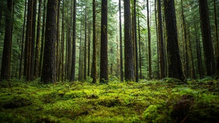 Fototapeta premium A dense forest with tall trees and green moss covering the ground. The forest has a rich green color and a natural, untouched appearance.