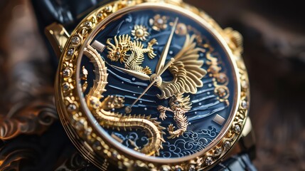 Obraz premium A close up of a golden watch with dragons and an eagle on the face and a dark blue background