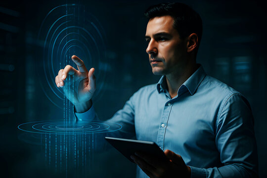 Man interacting with futuristic blue digital interface - Powered by Adobe