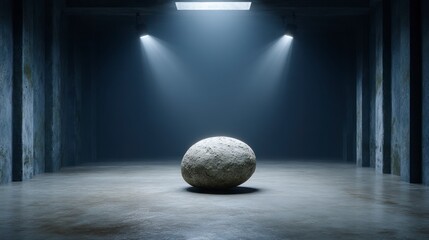 Single large stone positioned in dimly lit concrete hall with spotlights and mist
