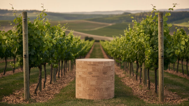 Wooden cork podium displayed in a lush green vineyard agriculture landscape setting