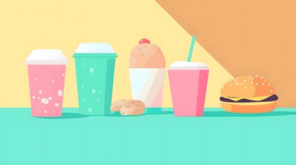 Colorful illustration of various fast food items on a table.