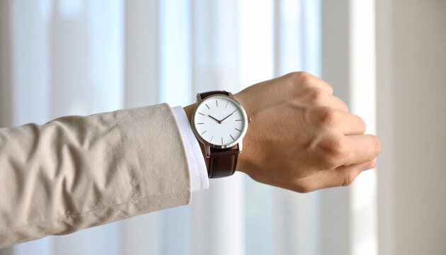 Wrist with a watch belonging to a man wearing a suit