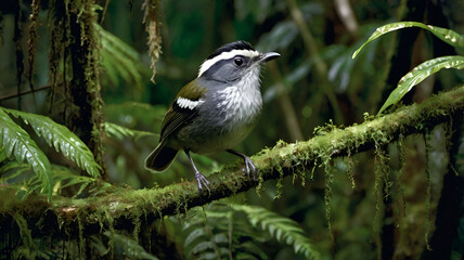 Fototapeta premium A White-plumed Antbird perches alertly on a moss-covered branch deep in the Amazon rainforest.