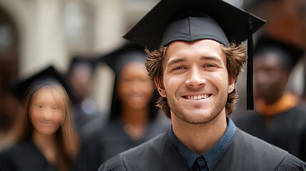 Fototapeta premium Happy graduate poses, surrounded by peers in caps & gowns, out of focus