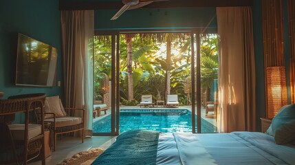View of a pool from a hotel room with a bed and chairs and a tv on the wall and a ceiling fan above