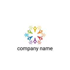 This logo features a circular symbol consisting of eight human figures connected to each other, forming a symmetrical pattern like a flower or a wheel