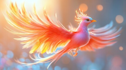Fototapeta premium Magical pink bird in flight, radiant colors, ethereal background. Possible use Fantasy, imagination, nature, inspiration, beauty