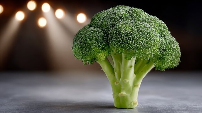 Fresh broccoli head illuminated with spotlight effect against a dark background