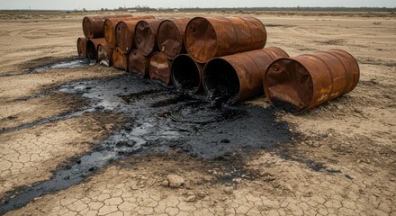 Leaking Rusty Oil Barrels Pollute Dry, Cracked Earth