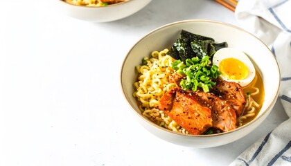 Delicious bowl of Asian instant ramen noodles with soft boiled egg grilled pork seaweed green onions on white background