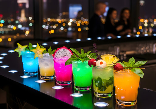Vibrant cocktails lined up at a stylish bar with city night lights sparkling in the background, perfect for nightlife advertising, restaurant promotions, or upscale event invitations
