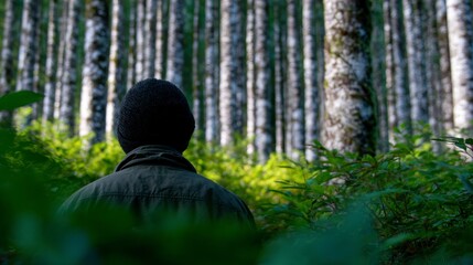 Person wearing beanie and jacket looking into a dense forest with green undergrowth